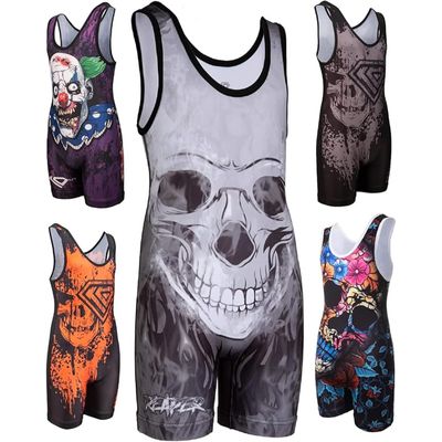 KO Sports Gear Unisex Wrestling Singlet for Adult Wrestlers - Wrestling Singlet for Men & Women - Bold Durable Uniform, Stretchy Breathable Material - Reaper Skull, Adult Medium