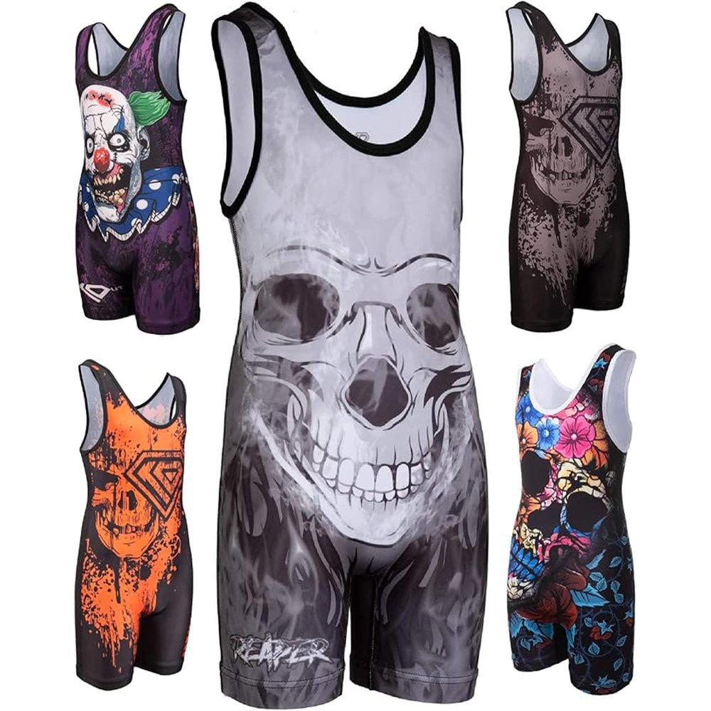 KO Sports Gear Unisex Wrestling Singlet for Adult Wrestlers - Wrestling Singlet for Men & Women - Bold Durable Uniform, Stretchy Breathable Material - Reaper Skull, Adult Medium