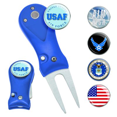 Clip Wipes Air Force Divot Tool | Switchblade Style & 5 Air Force Ball Markers (Blue)