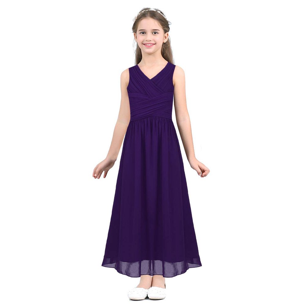 JEATHA Kids Chiffon Sleeveless Flower Girls Dress Wedding Pageant Birthday Party Maxi Dress Ball Gown Purple 6