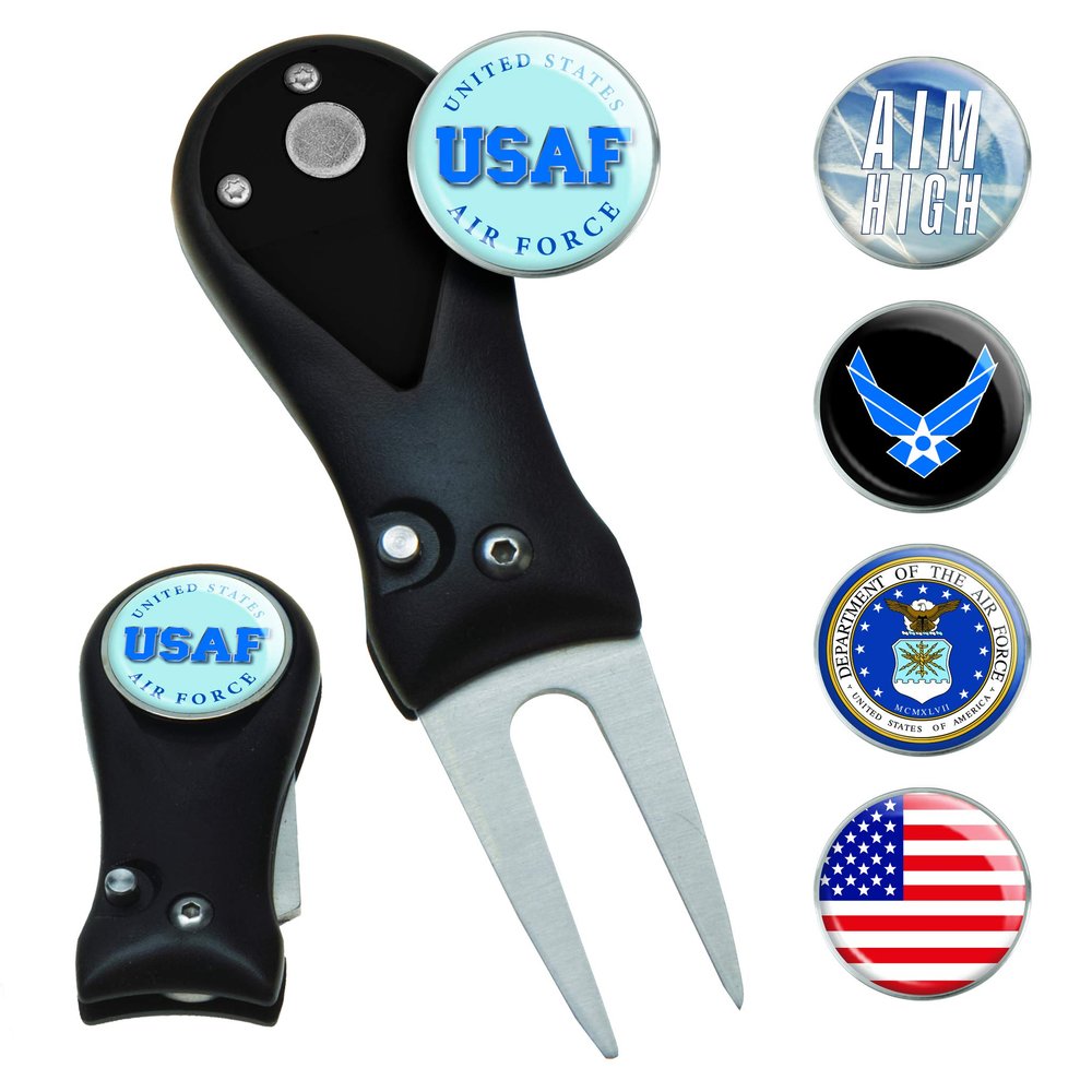 Clip Wipes Air Force Divot Tool | Switchblade Style & 5 Navy Ball Markers (Black)