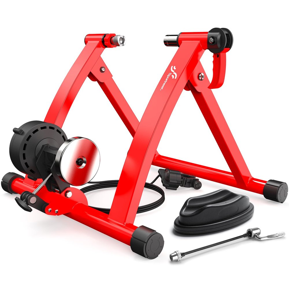 Sportneer Bike Trainer - Magnetic Stationary Bike Stand for 26-28" & 700C Wheels - Adjustable 6 Level Resistance Bike Trainer Stand for Indoor Riding with Quick Release Lever & Front Wheel Riser Block