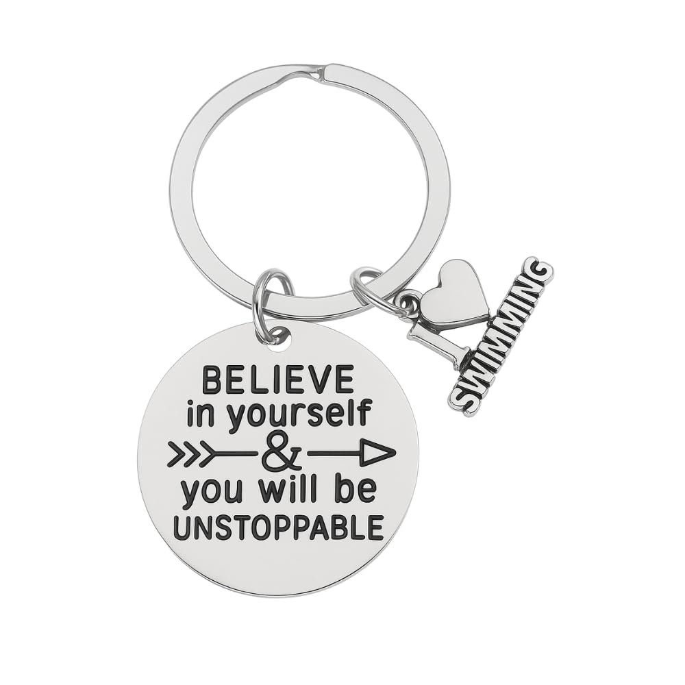 Sportybella Swim Charm Keychain, Inspirational Believe In Yourself & You Will Be Unstoppable Jewelry, Swim Gifts For Swimmers & Swim Teams