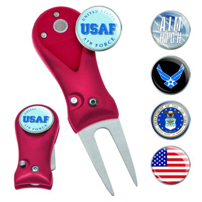 Clip Wipes Air Force Divot Tool | Switchblade Style & 5 Navy Ball Markers (Red)