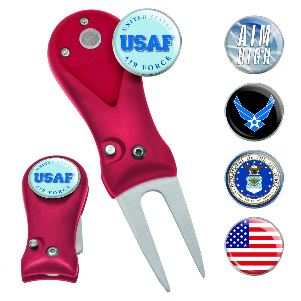 Clip Wipes Air Force Divot Tool | Switchblade Style & 5 Navy Ball Markers (Red)
