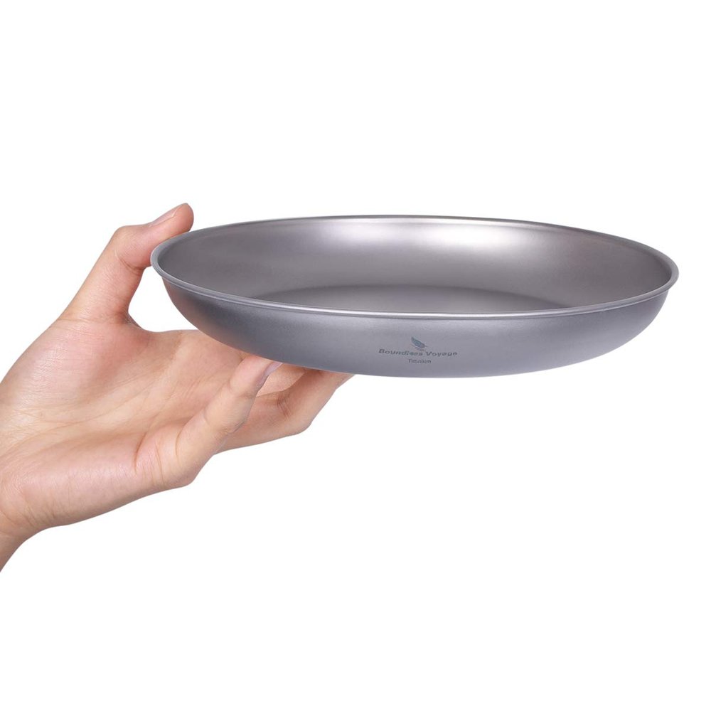 iBasingo Titanium Plate 18.5cm Ultralight Camping Dinner Plate, Reusable Metal Dish for Steak, Dessert Portable Round Tray with Mesh Bag for Backpacking, Hiking, Picnic Ti1103T