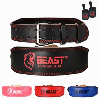 Weight Lifting Belt - 4 Genuine Leather Belts Padded Lower Back Support for Gym Bodybuilding Squat Deadlift Weightlifting Cross Strength Training Men Women Free Wrist Wrap