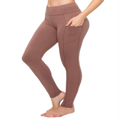 ALWAYS Women's High Waist Yoga Pants - Premium Soft Tummy Control Workout Stretch Solid Pants with Pockets Tan L