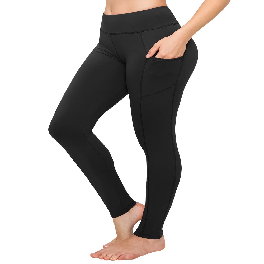 ALWAYS Women's High Waist Yoga Pants - Premium Soft Tummy Control Workout Stretch Solid Pants with Pockets Black 2XL