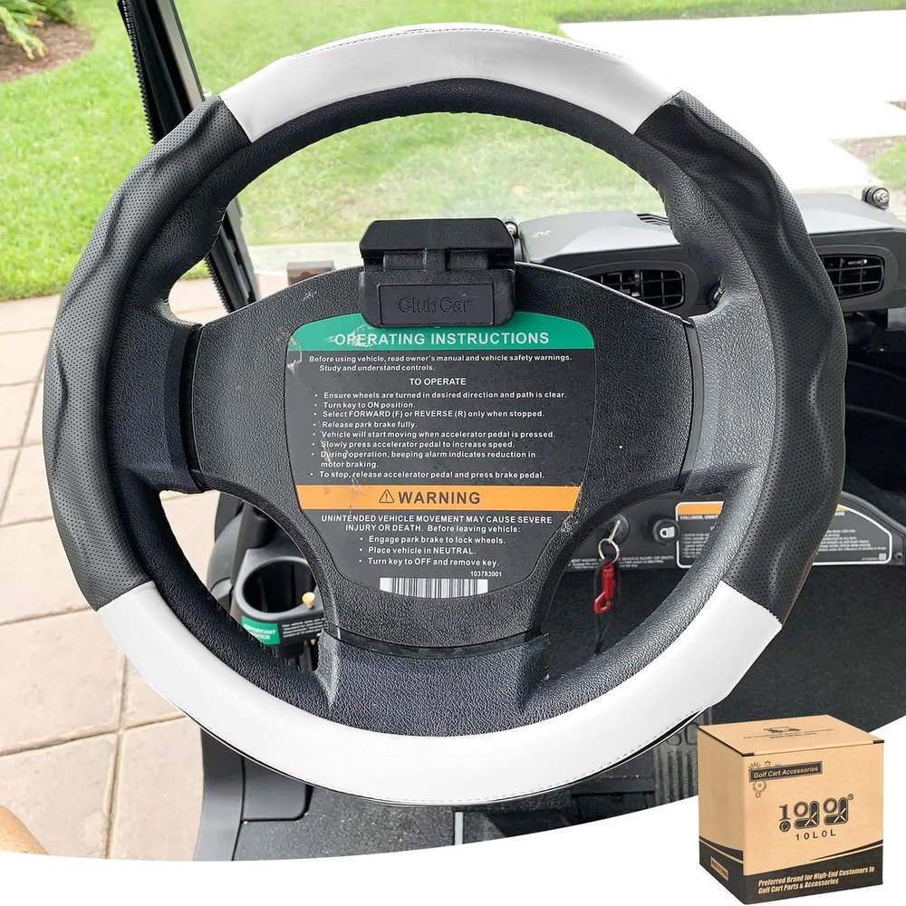 10L0L Golf Cart 14" Steering Leather Wheel Cover for Club Car DS Precedent for Yamaha Models, Breathable Rubber Leather Materials,Good Texture Nice Look (Black White Color)