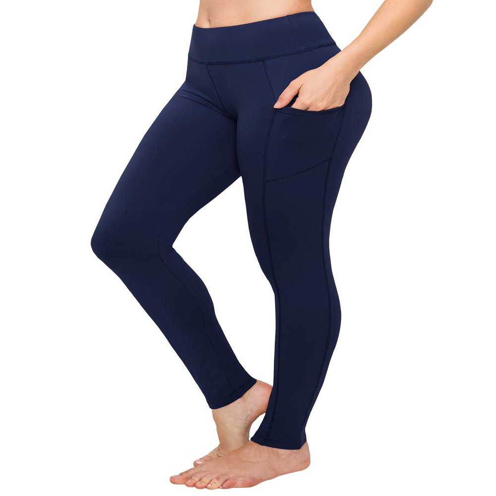 ALWAYS Women's High Waist Yoga Pants - Premium Soft Tummy Control Workout Stretch Solid Pants with Pockets Navy S
