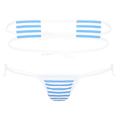 FEESHOW Women Strawberry Micro Monokini Bikini Mini Slingshot Swimsuit Extreme Beachwear Blue&White One Size