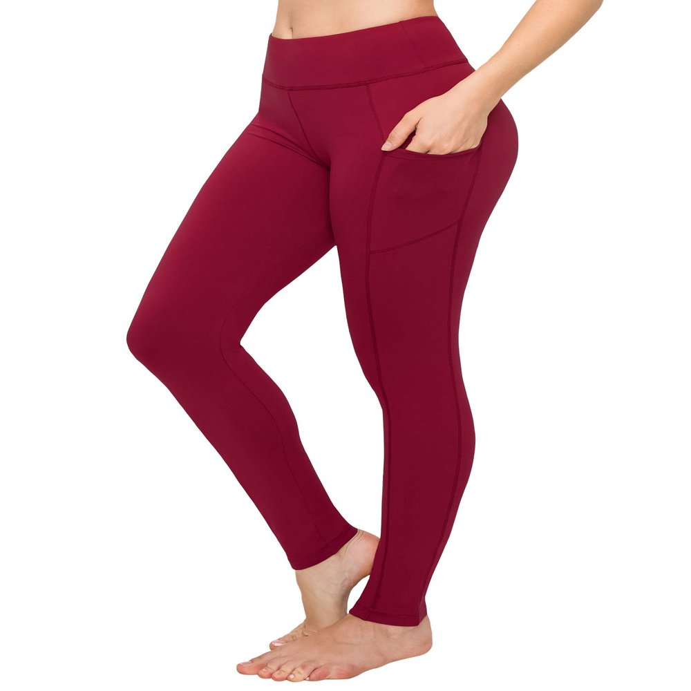 ALWAYS Women's High Waist Yoga Pants - Premium Soft Tummy Control Workout Stretch Solid Pants with Pockets Burgundy M