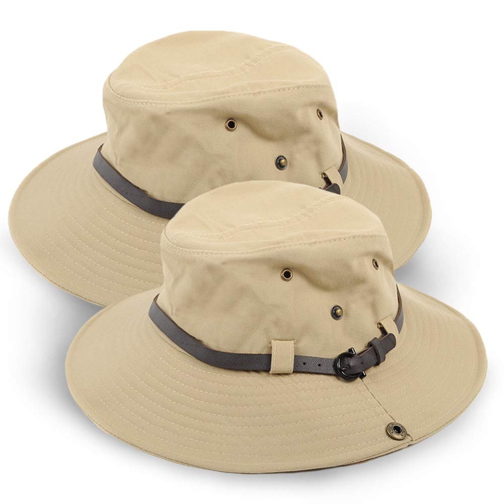 Wide Brim Sun Protection Boonie Hat for Men & Women- Perfect for Hiking, Fishing & Beach, Beige 2 Pack