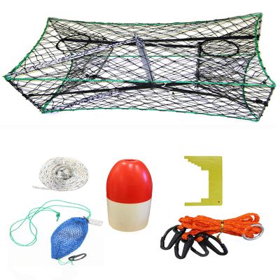 KUFA Galvanized Foldable Crab Trap & Accessory Kit (100' Non-Lead Sinking Line, Caliper,Harness,Bait Bag & 13" Red/White Float) S33+CAS34