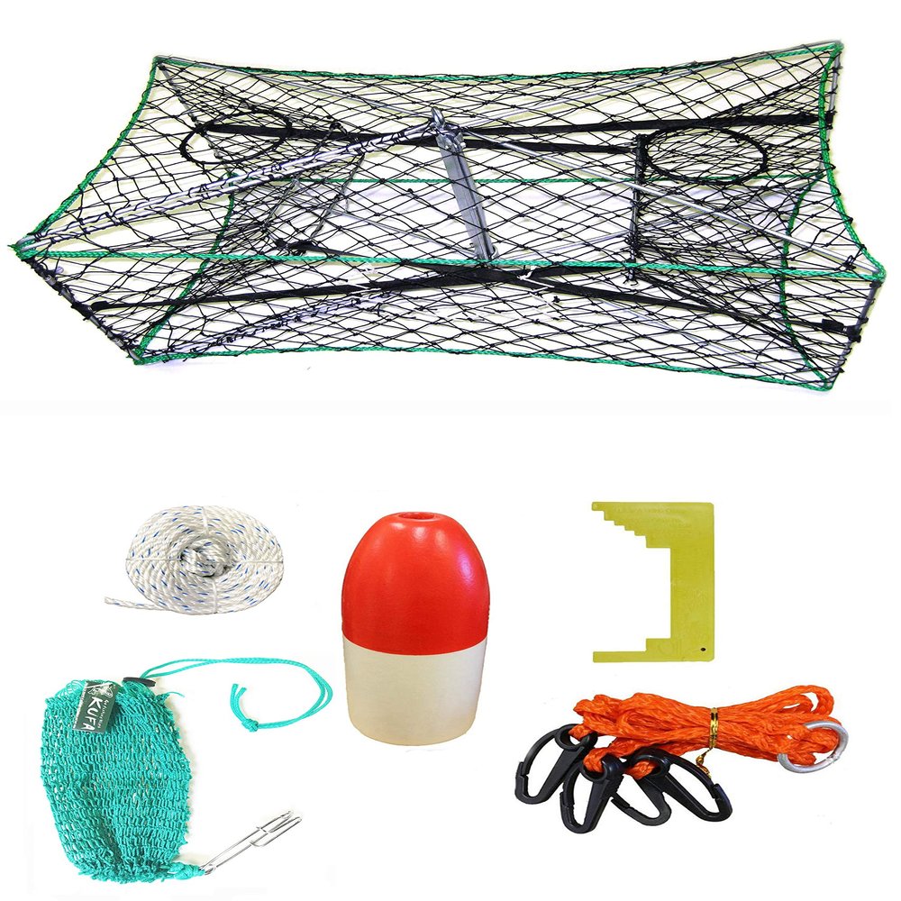KUFA Galvanized Foldable Crab Trap & Accessory Kit (100' Non-Lead Sinking Rope,Caliper,Harness,Bait Case & 11" Red/White Float) S33+CAS17