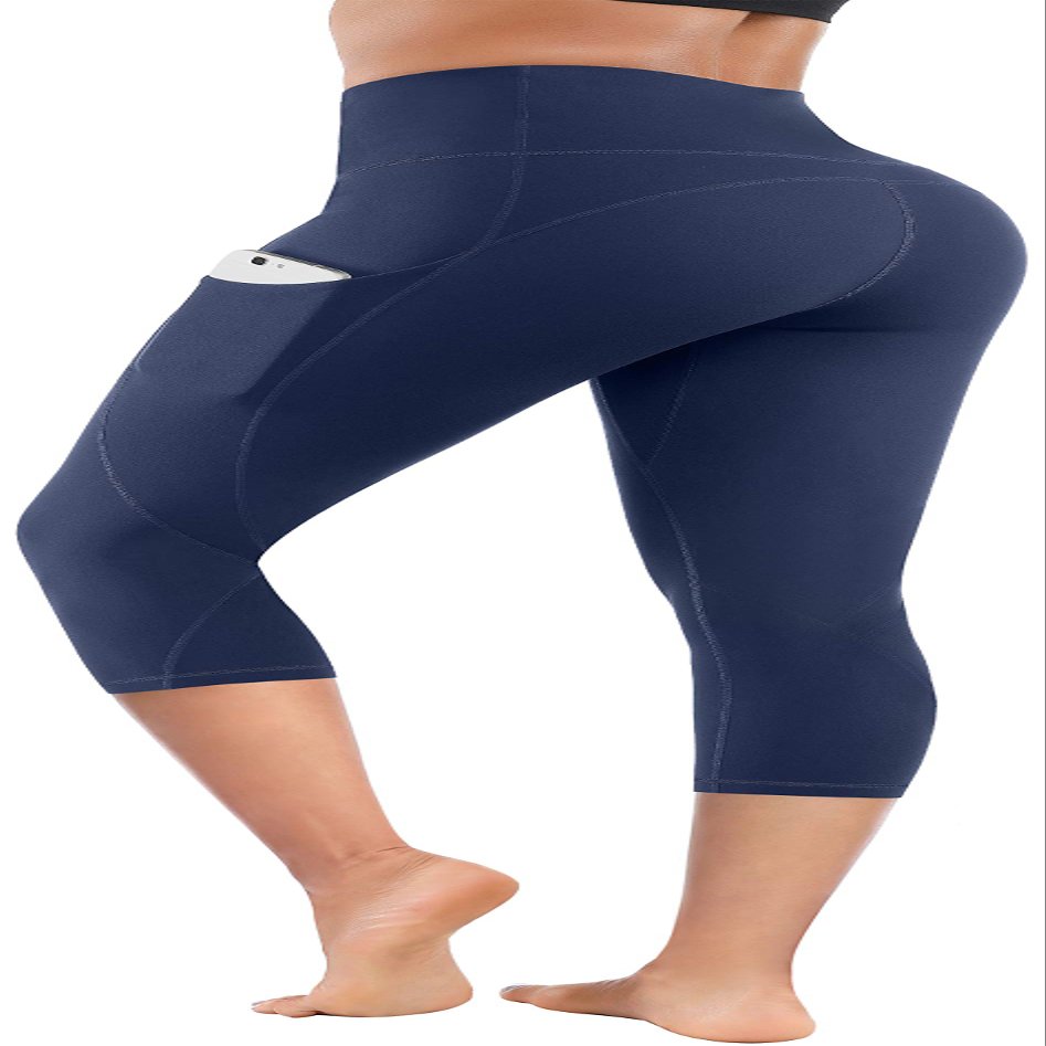 Lingswallow High Waist Yoga Pants - Yoga Pants with Pockets Tummy Control, 4 Ways Stretch Workout Running Yoga Leggings (Capris Navy Blue, X-Small)