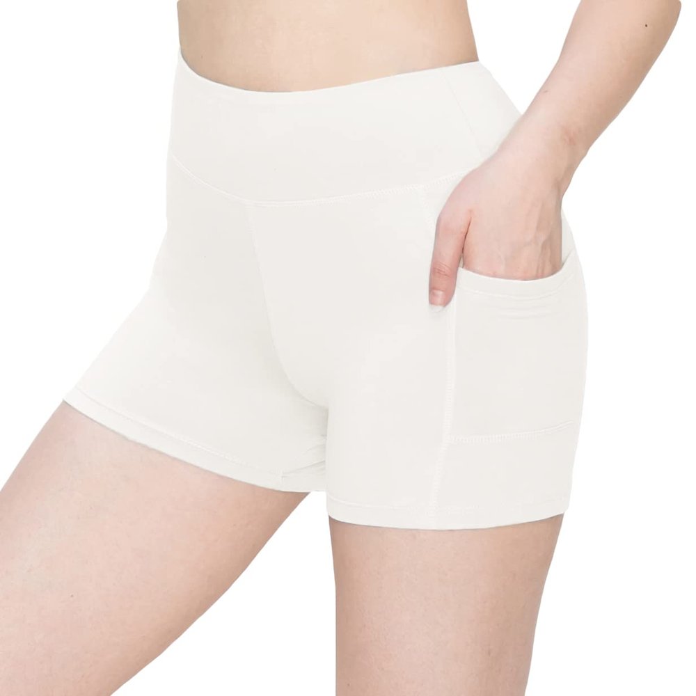 ALWAYS Women's 3" Yoga Shorts - Premium Soft Tummy Control Workout Stretch Solid Leggings Pants with Pockets Ivory S