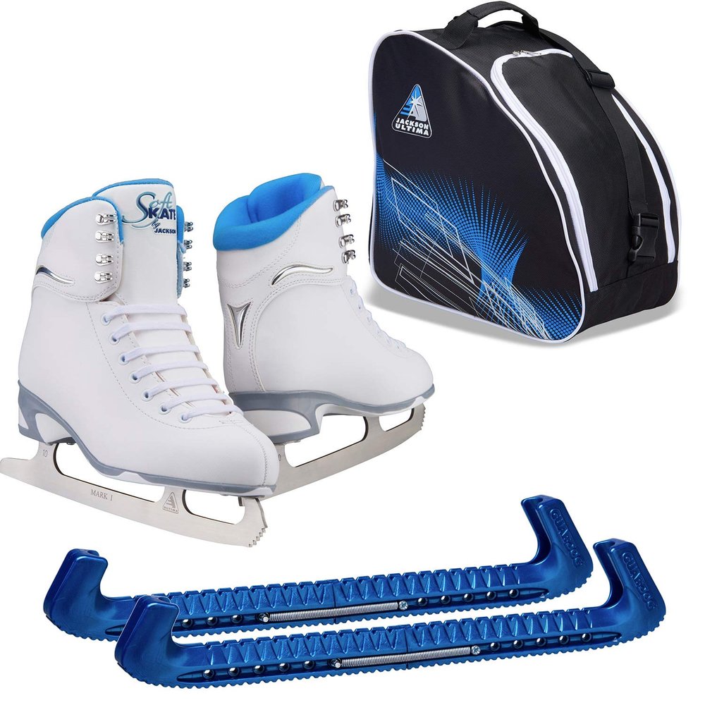 Jackson Ultima Finesse JS180 Figure Ice Skates for Women Bundle with Guardog Skate Guards, Jackson Skate Bag JL350 / Skates Color: Blue/Width: Medium/Size: Adult 8