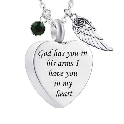 God has You in his arms with Angel Wing Charm Cremation Ashes Jewelry Keepsake Memorial Urn Necklace with Birthstone Crystal (May)