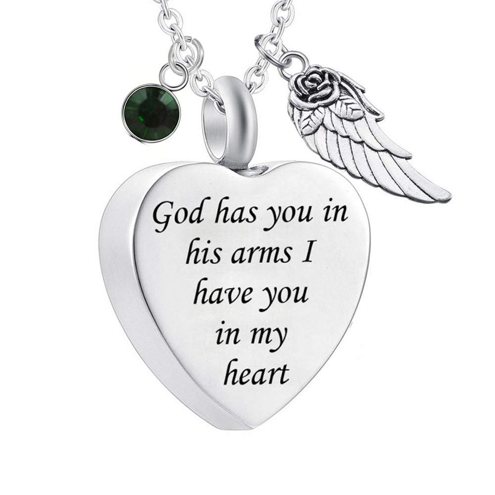 God has You in his arms with Angel Wing Charm Cremation Ashes Jewelry Keepsake Memorial Urn Necklace with Birthstone Crystal (May)
