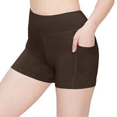 ALWAYS Women's 3" Yoga Shorts - Premium Soft Tummy Control Workout Stretch Solid Leggings Pants with Pockets Brown S