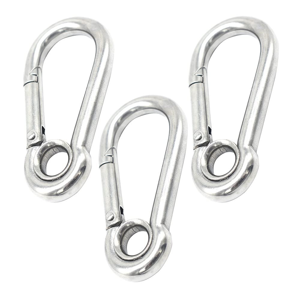 Bytiyar 3 PCS M8 3 inch Stainless Steel Heavy Duty Carabiner Clips Keychain with Round Hole Snap Hook Quick Links Safety Chain Rigging Accessories Tool
