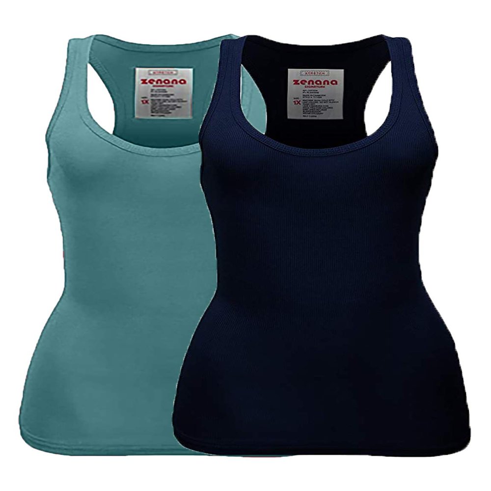 Zenana Women's Plain Solid Color Ribbed Racerback Tank Top Shirt Plus Sizes (X-Large, 2 Pack: Dusty Teal | Navy)