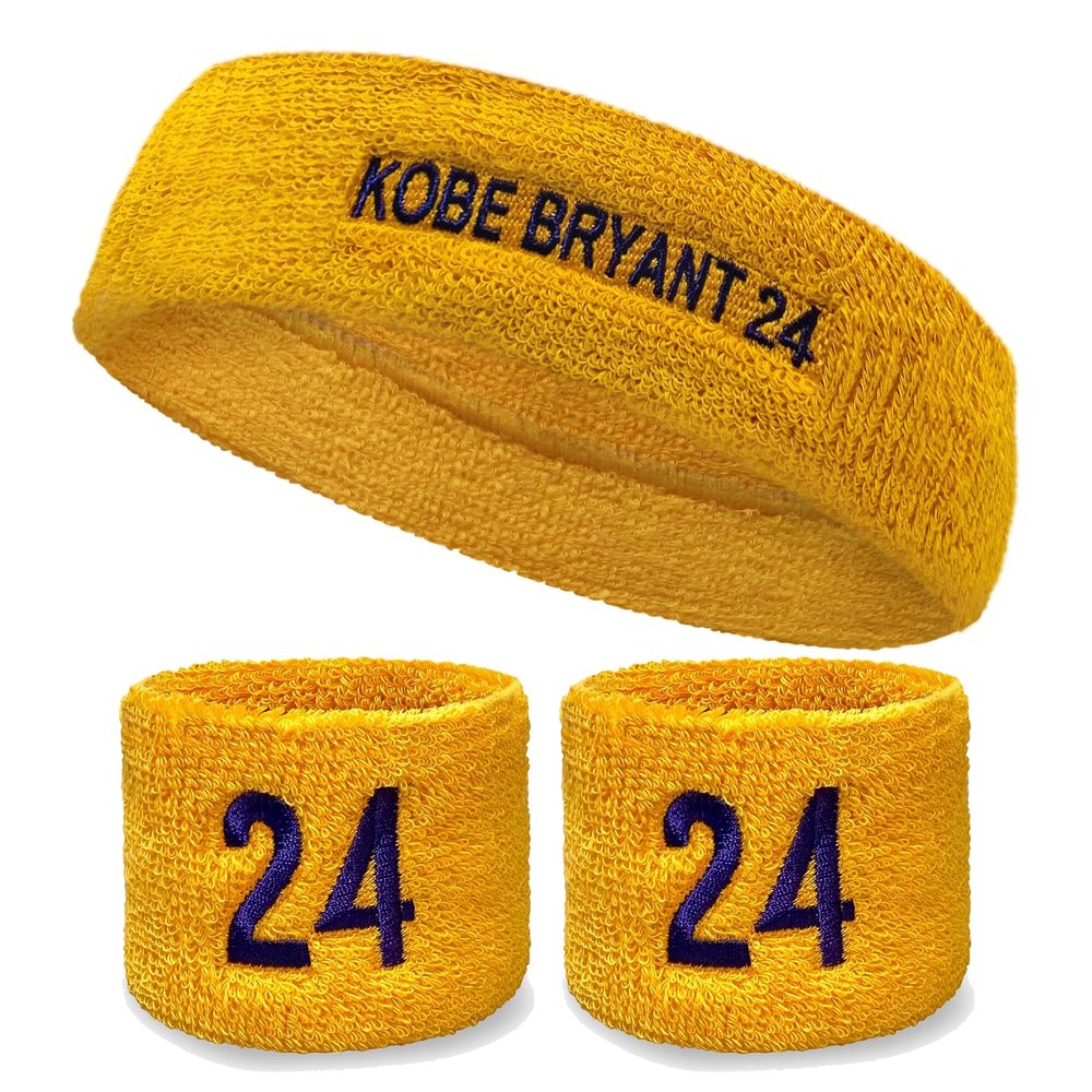COUVER Basketball Star Golden Yellow Long Headband / 2.5" Wristbands Set with Purple(Like LA Laker Purple) Number 24