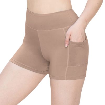 ALWAYS Women's 3" Yoga Shorts - Premium Soft Tummy Control Workout Stretch Solid Leggings Pants with Pockets Tan M