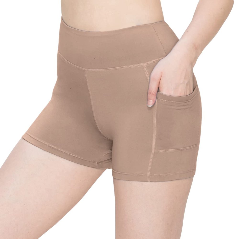 ALWAYS Women's 3" Yoga Shorts - Premium Soft Tummy Control Workout Stretch Solid Leggings Pants with Pockets Tan M