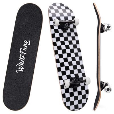 WhiteFang Skateboards for Beginners, Complete Skateboard 31 x 7.88, 7 Layer Canadian Maple Double Kick Concave Standard and Tricks Skateboards for Kids and Beginners (Check)