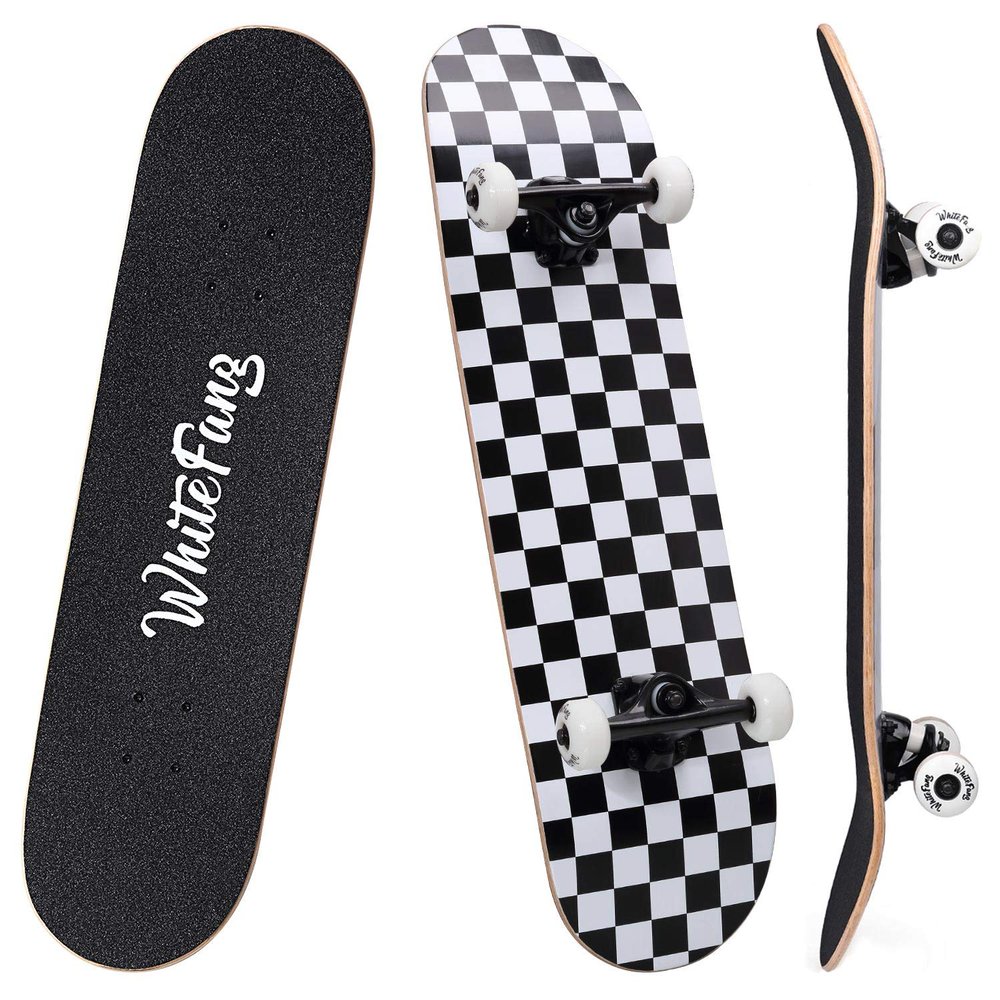WhiteFang Skateboards for Beginners, Complete Skateboard 31 x 7.88, 7 Layer Canadian Maple Double Kick Concave Standard and Tricks Skateboards for Kids and Beginners (Check)