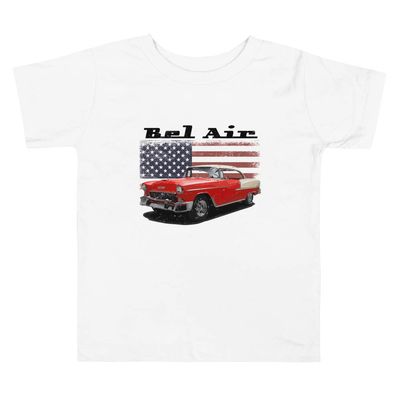 1955 Chevy Bel Air American Classic Car Graphic T-Shirt | Vintage Car Enthusiast Gift | Toddler White
