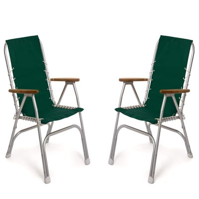 FORMA MARINE Boat Chairs High Back Green Deck Folding Marine Aluminum Teak Furniture Set of 2 M150GR