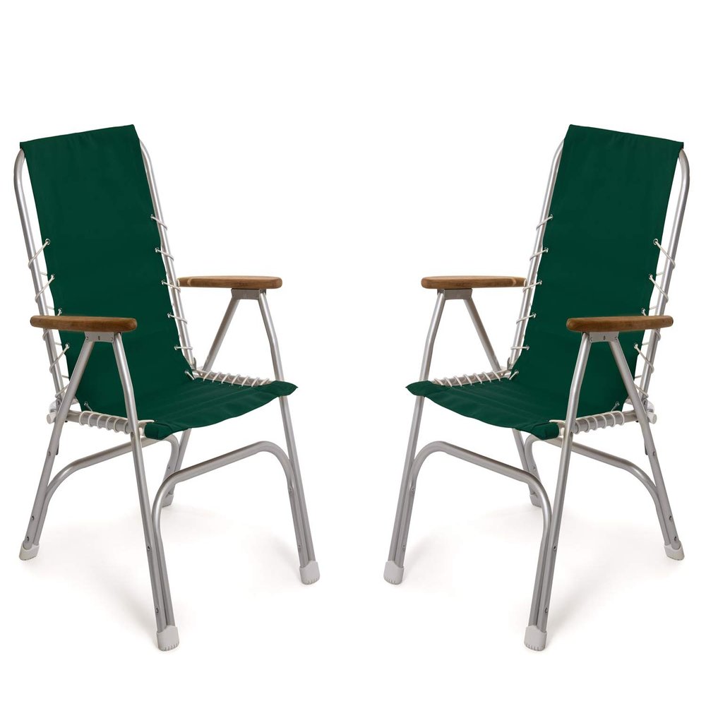 FORMA MARINE Boat Chairs High Back Green Deck Folding Marine Aluminum Teak Furniture Set of 2 M150GR