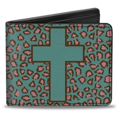 Buckle-Down Men's Standard Wallet, Bifold, Cross Repeat Leopard Turquoise Pink, Vegan Leather, 4.0" x 3.5"