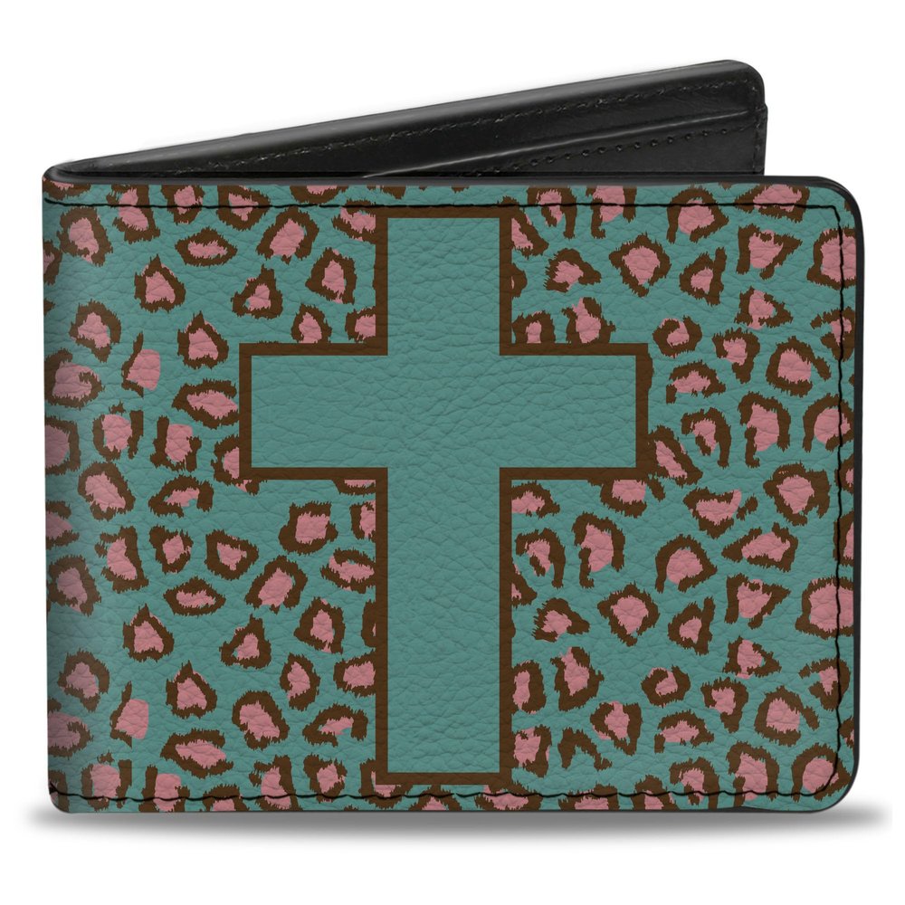 Buckle-Down Men's Standard Wallet, Bifold, Cross Repeat Leopard Turquoise Pink, Vegan Leather, 4.0" x 3.5"