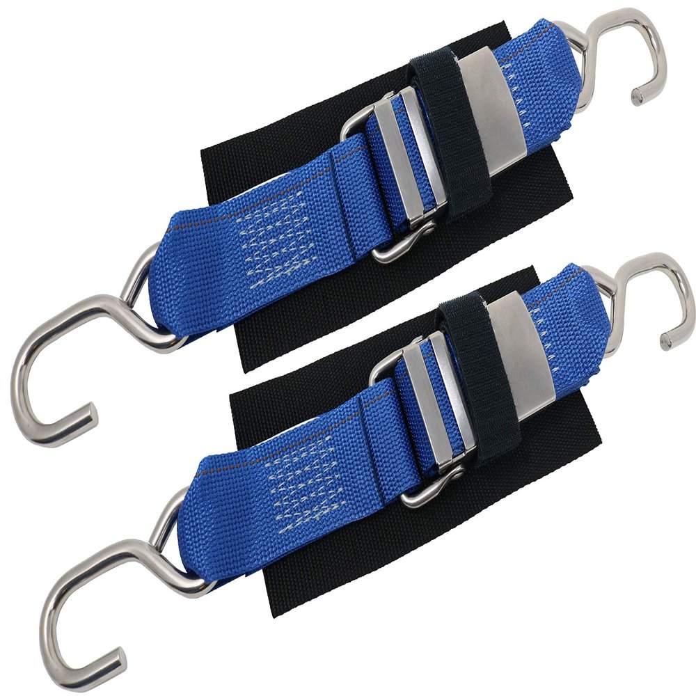 CustomTieDowns 2 Pack, 2 Inch x 4.5 Foot Stainless Steel Quick Release Tie-Down, Protective Pad with Hook and Loop Security Strap, Stainless Steel S Hook On Each End. (Blue)