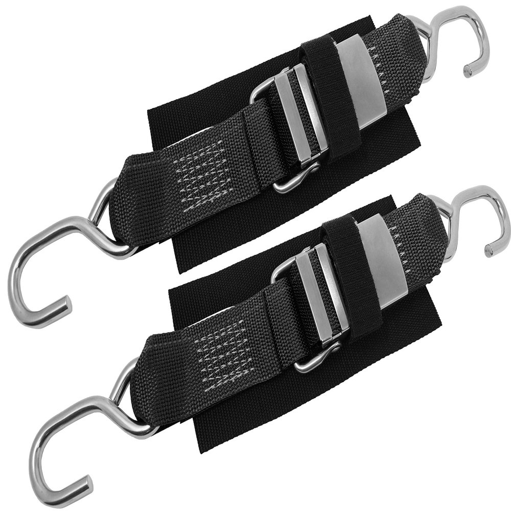 CustomTieDowns 2 Pack, 2 Inch x 4.5 Foot Stainless Steel Quick Release Tie-Down, Protective Pad with Hook and Loop Security Strap, Stainless Steel S Hook On Each End. (Black)