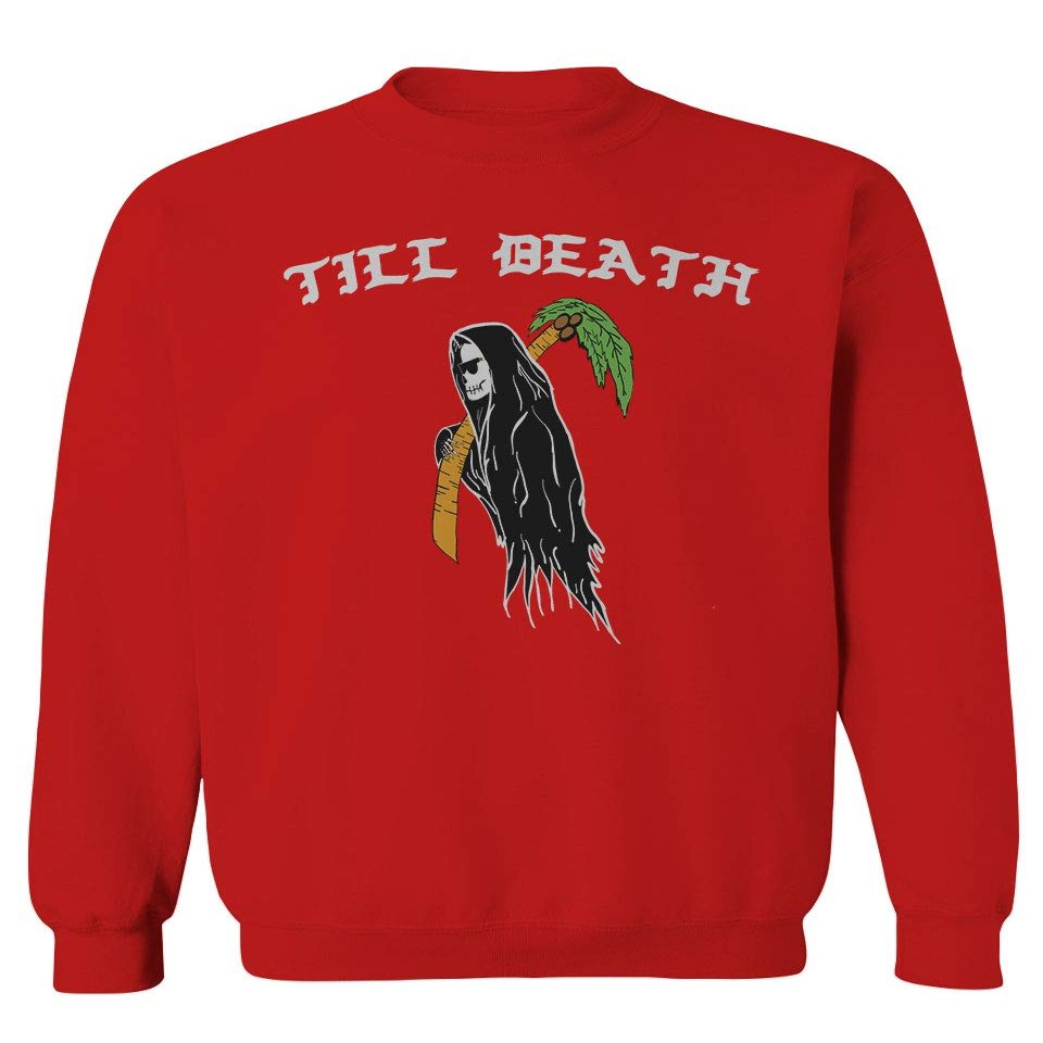0269. Skeleton The Reaper Summer Vacations Palm Till Death Surf Skate streatwear Society Men's Crewneck Sweatshirt (Red, Large)