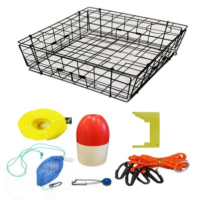 KUFA Sports Vinyl Coated 24"x24"x12" Crab Trap & Accessory Kit (100' Poly Rope with line Weight, Caliper,Harness,Bait Case & 11" Red/White Float) S60+CAP14