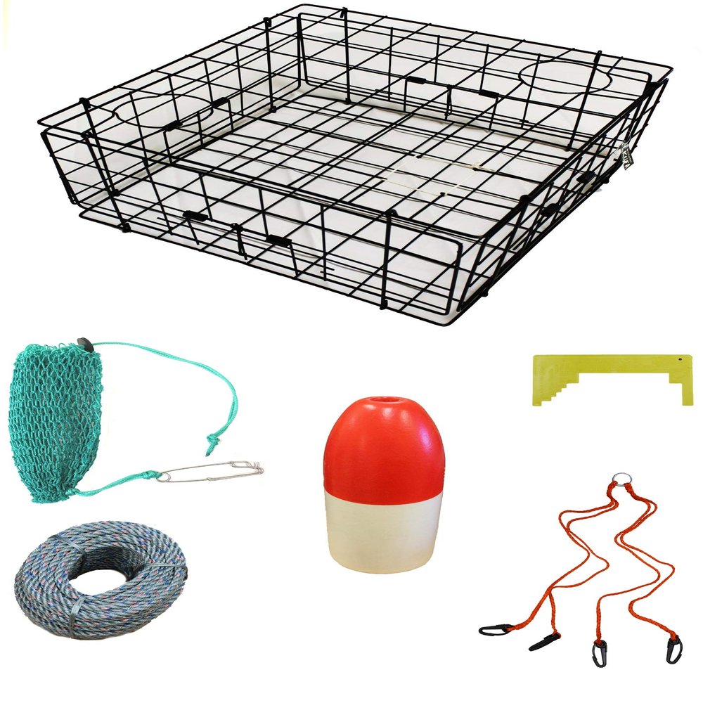 KUFA Sports Vinyl Coated 24"x24"x12" Crab Trap & Accessory Kit (100' Lead Core Rope, Caliper,Harness,Bait Case & 11" Red/White Float) S60+CAQ17