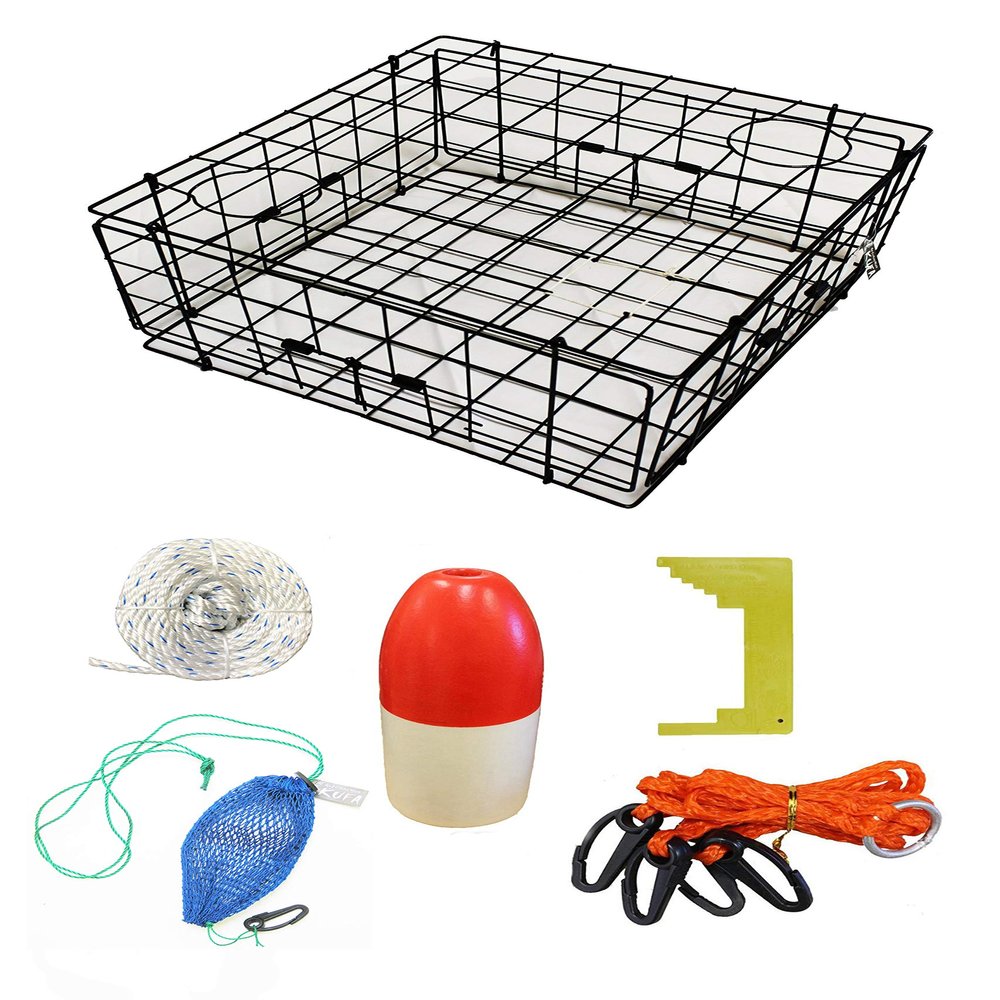 KUFA Sports Vinyl Coated 24"x24"x12" Crab Trap & Accessory Kit (100' Non-Lead Sinking Rope, Caliper,Harness,Bait Case & 11" Red/White Float) S60+CAS14