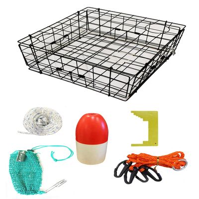 KUFA Sports Vinyl Coated 24"x24"x12" Crab Trap & Accessory Kit (100' Non-Lead Sinking Rope, Caliper,Harness,Bait Case & 11" Red/White Float) S60+CAS17