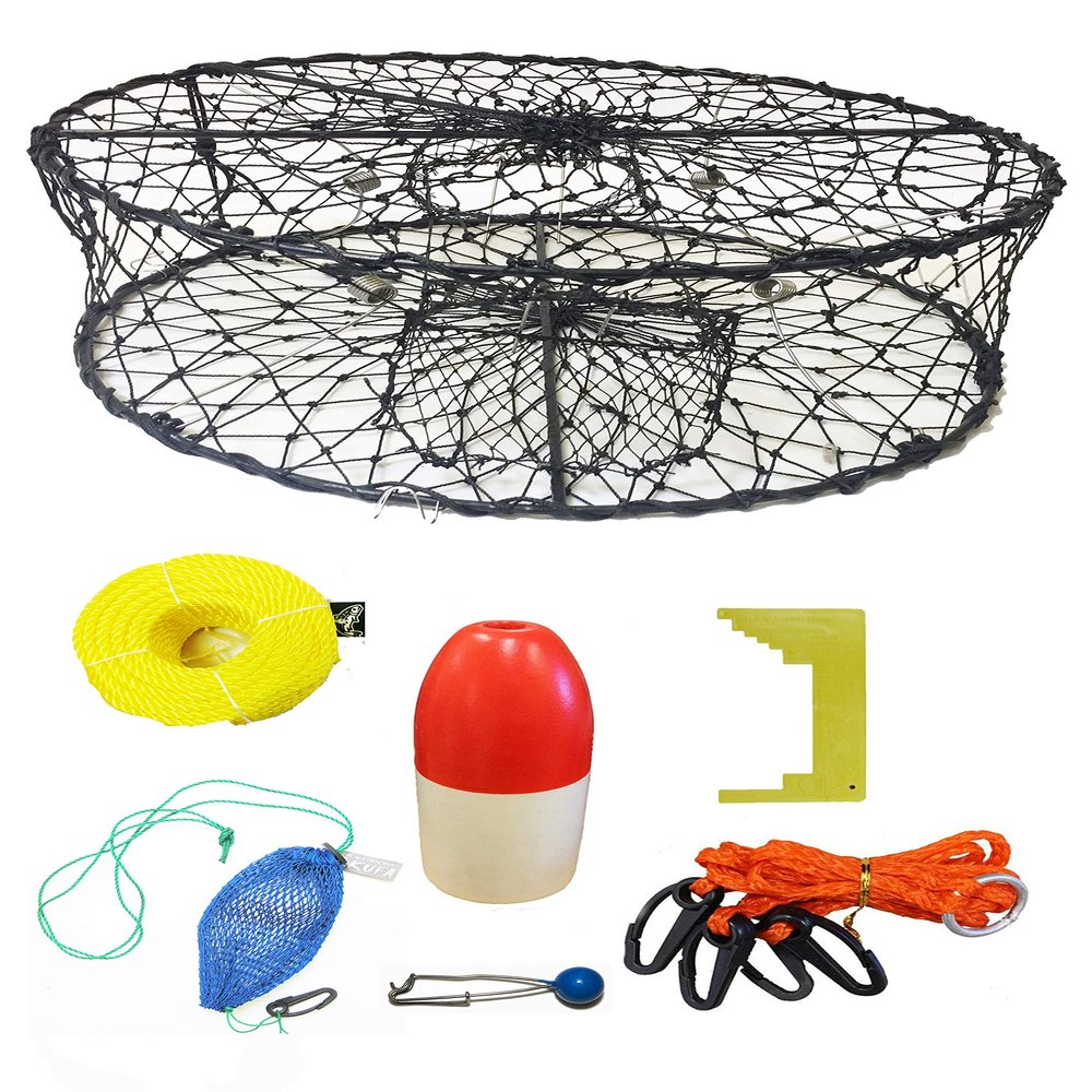 KUFA CT50 Sports Foldable Crab Trap with 11" Red/White Floats, Harness, Bait Bag & Crab Caliper Combo (CT50+CAP14)