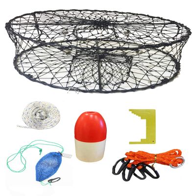 KUFA CT50 Sports Foldable Crab Trap with 100' Rope, 11" Red/White Floats, Harness, Bait Bag & Crab Caliper Combo (CT50+CAM14)