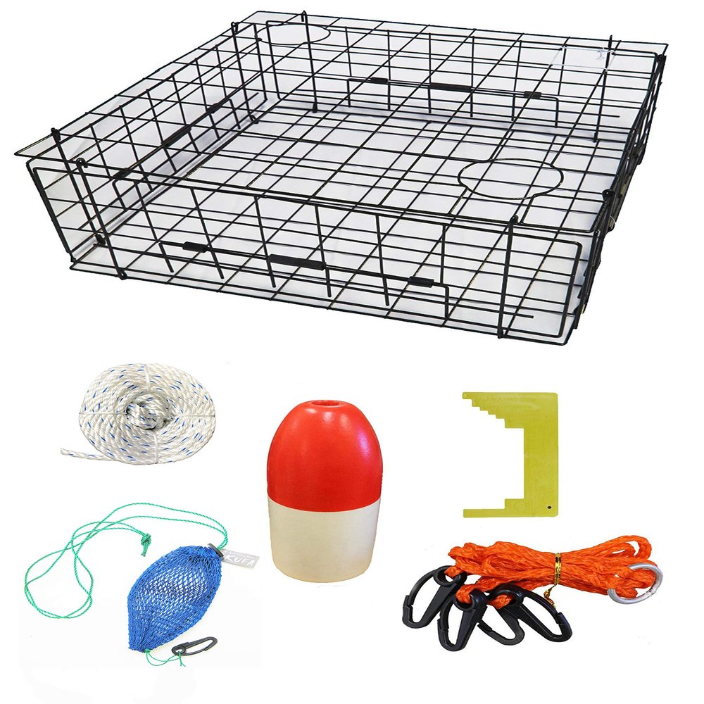 KUFA Sports Vinyl Coated 28"x28"x12" Crab Trap & Accessory Kit (100' Non-Lead Sinking Line, Caliper,Harness,Bait Case & 13" Red/White Float) S70+CAS34