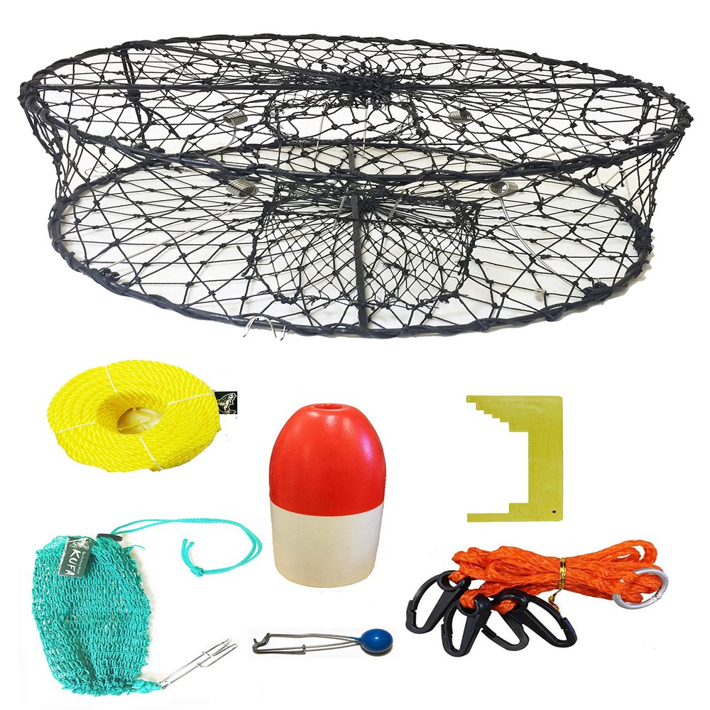 KUFA CT50 Sports Foldable Crab Trap with 100' Rope, 11" Red/White Floats, Harness, Bait Bag & Crab Caliper Combo (CT50+CAP17)