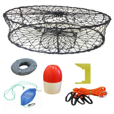 KUFA CT50 Sports Foldable Crab Trap with 100' Lead core Line,13" Red/White Floats, Harness, Bait Bag & Crab Caliper Combo (CT50+CAQ37)